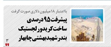پیشرفت ۹۵ درصدی ساخت کریدور لجستیک بندر شهید بهشتی چابهار